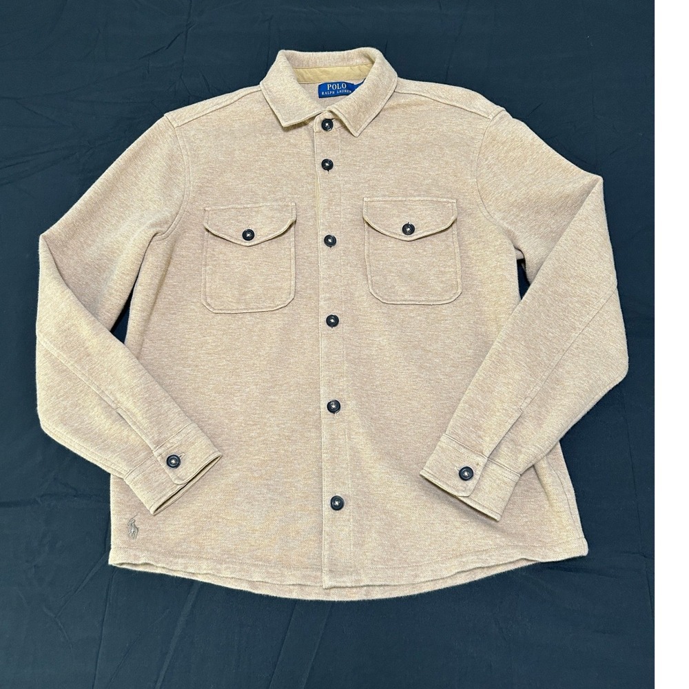 Polo Ralph Lauren Mens Medium Tan Knit Button Front Shirt Jacket Pique Cotton